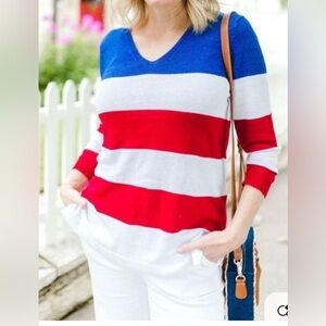 Talbots Linen Patriotic V-Neck Sweater in Red/White/Blue 3/4 Sleeve Side Slits M
